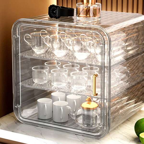 3-Tier Storage Cabinet With Magnetic Door For Cup Coffee Mug Tea Set Perfume