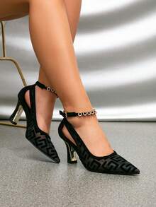 Ladies Fashion Retro Mesh Hollow Geometric Pattern Pointed Toe Thick High Heels Shoes Urban Evening Style Black Suede Stitching High Heels - Black - View 4