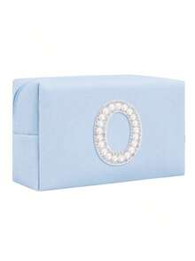 女士八角形化妆包，PU字母化妆包，便携式雪尼尔字母拉链化妆包，字母贴片PU皮革防水旅行洗漱包，字母组合化妆袋（字母A~Z），适合秋季家居装饰 - 藍色+珍珠字母 A-Z - 查看 28