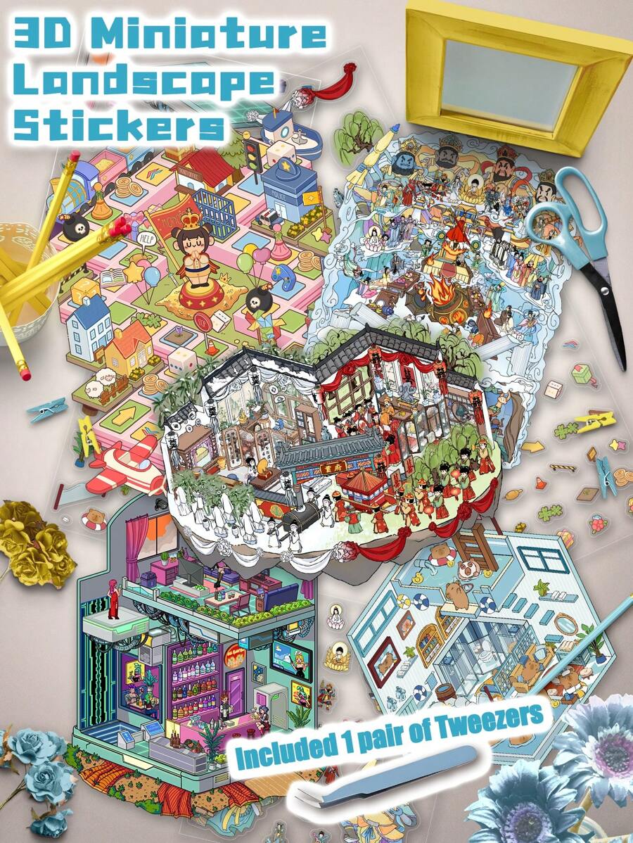 5packs Multiple Cute Cartoon V9 Themed Charming Miniature World 3D Landscape Scene Stickers DIY Transparent Stickers Suitable For Holiday Gift DIY Room Decor Leisure Time Stickers Collections Choice For Killing Time Fun Time