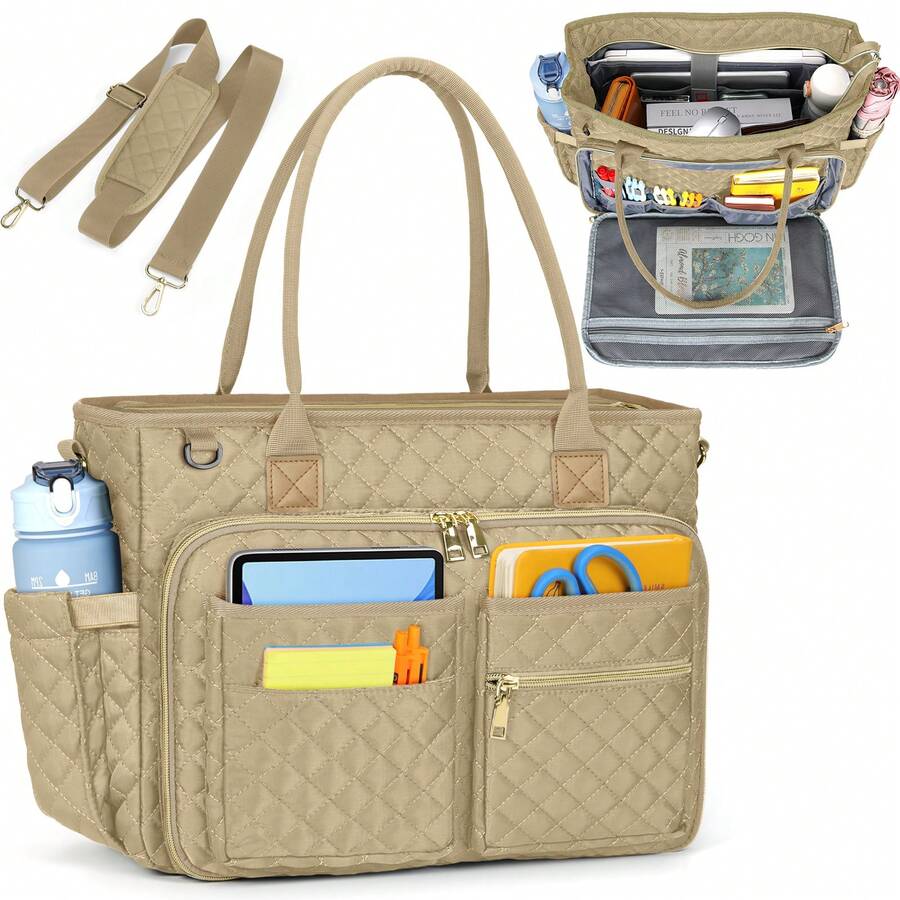 Teacher Tote Bag 15.6 Inch Laptop Bag For Women Work Bag Laptop Tote Nurse Bag Professional Computer Messenger Bag With Insulated Pocket, Laptop Briefcase For Office, College, Nursing - Màu Khaki - Xem 1