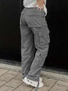 High Waisted Solid Color Side Cargo Pants For Women Baggy Y2k Straight Wide Leg Pants Casual Pants With Pockets Streetwear Sweatpants - 淺灰色 - 查看 6