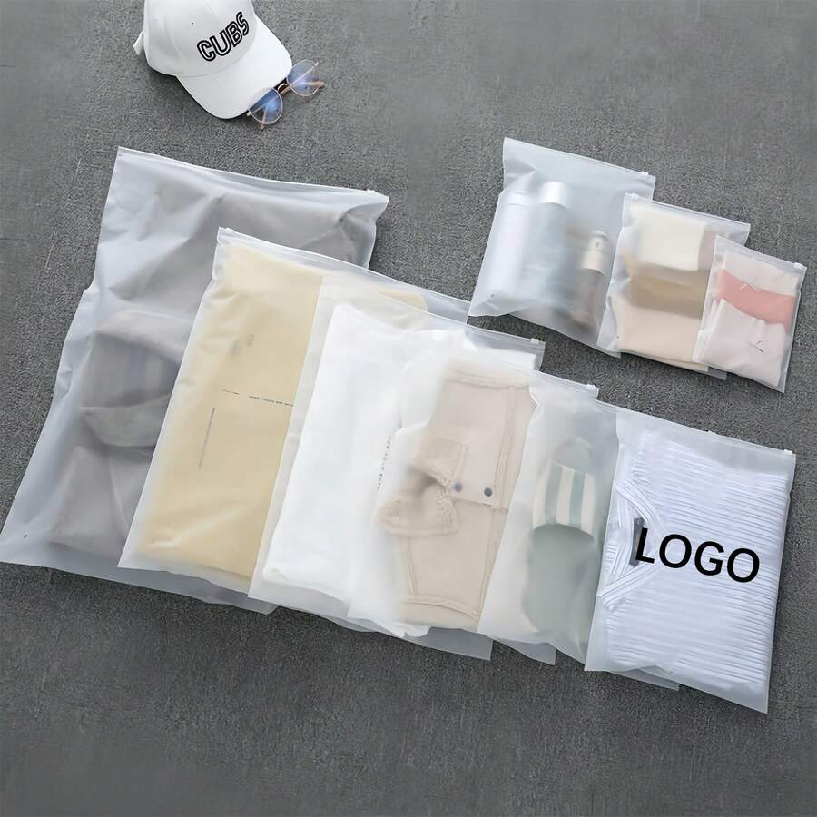 Gói 10-50 túi khóa kéo mờ tùy chỉnh, túi khóa kéo mờ có logo cá nhân, gói mua sắm bằng nhựa tái sử dụng cho áo phông, quần áo, doanh nghiệp nhỏ - Trong sáng - Xem 1