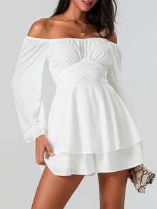 Women Puff Long Sleeve Romper Off Shoulder Ruffle Flowy Short Jumpsuit Layered Pirate Dress With Shorts Playsuit - White - View 3