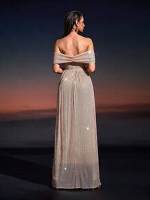 Women's Sexy Off-Shoulder Ruffle Waist Slit Maxi Party Dress, Bridesmaid Dress Women's Elegant Autumn Fashion Long Dress Women's New Year's Eve & Christmas Long Dress - Apricot - View 3
