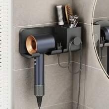 1 pieza Soporte para secador de pelo con gancho para enchufe, soporte para secador, estantes de almacenamiento de baño montados en la pared sin perforación, soporte para brochas de maquillaje, soporte para navajas de plástico, accesorios de baño, organizador de baño