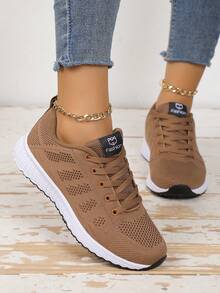 女士网眼透气运动鞋，配有柔软弹性系带鞋底，适合户外跑步 - 棕色 - 查看 3