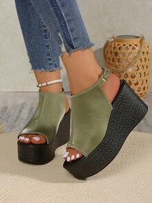 女士纯色厚底凉鞋，踝带休闲夏季沙滩鞋，百搭厚底鞋