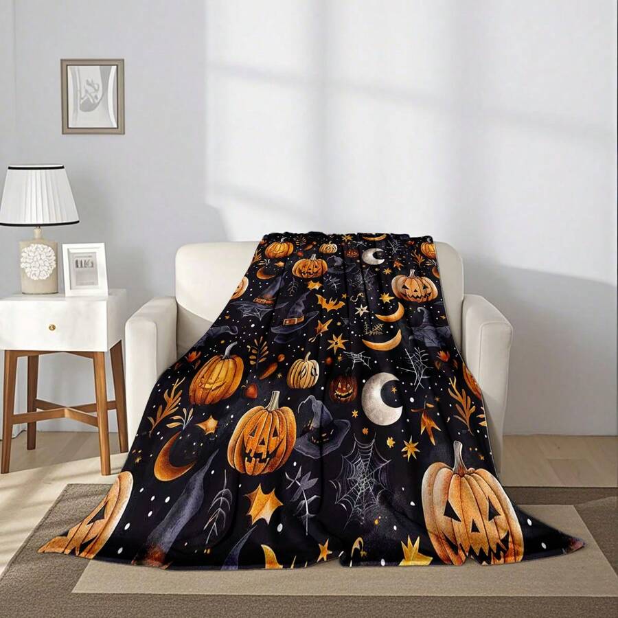 1 Piece-​Best - Selling Halloween Polyester Blanket, Witchy Pumpkin & Moon Pattern With Stars & Webs, Cozy Soft Throw For Couch/Bed, Spooky Seasonal Decor Must - Have