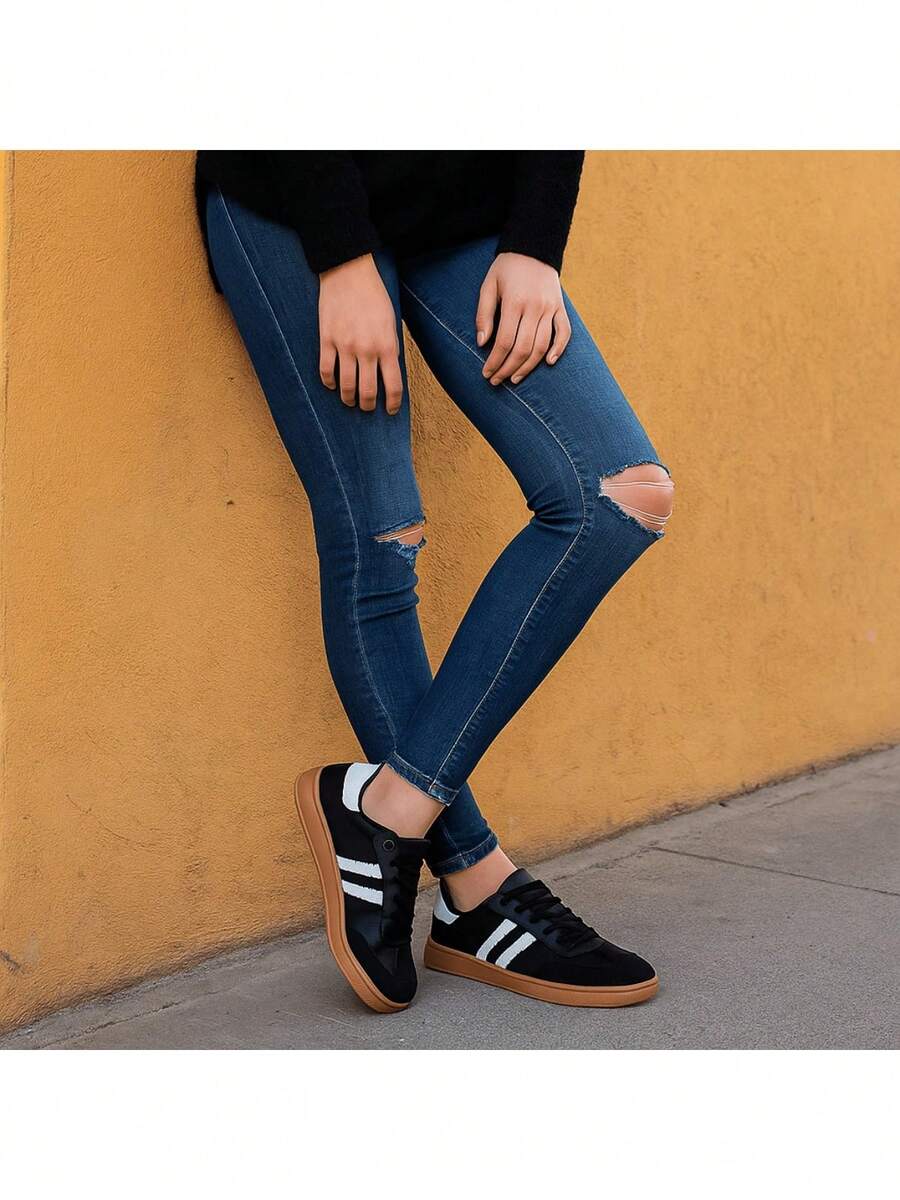 Women's Casual Tennis Shoes Fashion Retro Viral  College Gym - 黑色 - 查看 1