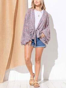 Womens Casual Cover Up Boho Chic Paisley Print Bell Sleeve Kimono Cardigan Front Tie Wrap Light Gray Pink Pattern Open Front Beach Resort Wear Summer Spring Vacation Beachwear Loose Fit - 多 - 查看 3