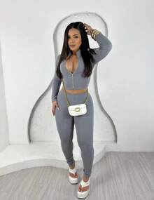Simple Casual Party Zipper Knot Seersucker Set - Grey - View 2