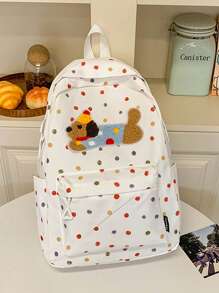 1 件尼龙拉链开合时尚简约日式撞色原宿风格腊肠犬波尔卡圆点图案背包，小众设计青少年百搭休闲背包，返校季书包，可调节肩带适合外出、通勤、户外、学校日常使用，是送给青少年的完美礼物，收藏品，理想的生日礼物（图案位置随机）