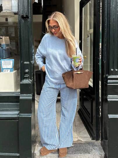 Women's Regular Length Long Sleeve Knit Pullover Sweater, With Ribbed Knit Details, Versatile For Autumn/Winter