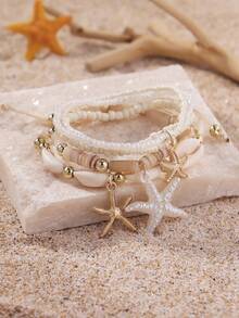7pcs/4pcs Ocean Inspired Faux Pearl Resin Starfish & Shell Beaded Layered Bracelets Set, Boho For Women, Beach, Vacation, Casual Wear, Holiday Gift - White - View 2