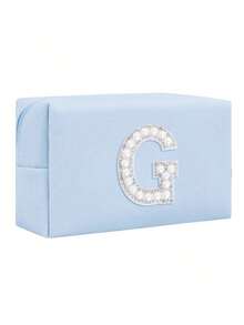 女士八角形化妆包，PU字母化妆包，便携式雪尼尔字母拉链化妆包，字母贴片PU皮革防水旅行洗漱包，字母组合化妆袋（字母A~Z），适合秋季家居装饰 - 藍色+珍珠字母 A-Z - 查看 16