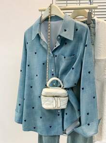 女式休闲基本款纯色心形印花 Polo 领长袖衬衫上衣带口袋，春夏秋季日常穿着 - 彩色 - 查看 3