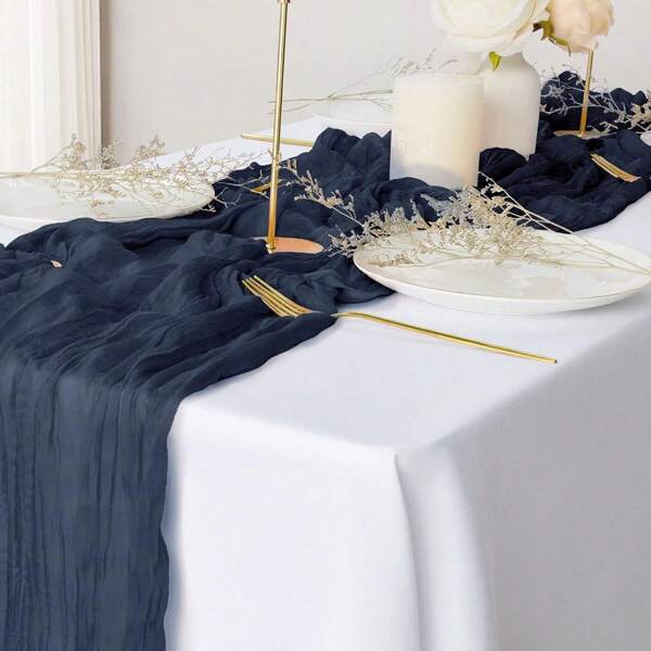5pcs Navy Blue Pleated Table Runner,Cheesecloth Table Runner, Folding Tablecloth, Festive Birthday Decor Wedding Decor Holiday Home Decor Party Room Table Decoration Dark Blue Table Cloth, Table Flag, Solid Color Table Cover, Birthday Decor Wedding Decor, 2025 New Year Decor, Party Favor