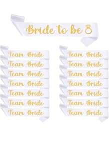 Set de 15 piezas de accesorios de despedida de soltera, que incluye 14 bandas para el equipo nupcial y 1 banda blanca de "Novia a ser", para decoración de fiesta de despedida de soltera, fiesta nupcial y eventos de boda. Contiene bandas de "Novia a ser" y "Equipo Novia" en color dorado impreso, ideales para eventos nupciales.