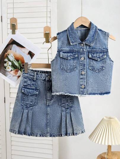 2pcs/Set Girls Streetwear Casual Sleeveless Denim Top & Pleated Denim Mini Skirt Suit, Fashionable College Style