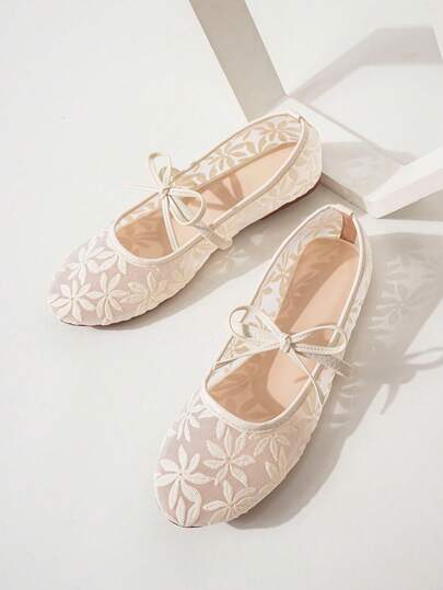 Giày ba lê lưới mũi tròn thời trang thu/đông cho nữ, thêu hoa và thiết kế nơ, giày lười Mary Jane cổ điển thanh lịch, thoáng khí, tối giản, thời trang và thoải mái khi mặc hàng ngày