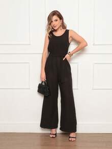 Women's Sleeveless Long Jumpsuit With High Waist Tie Belt And Side Pockets – Elegant And Comfortable - 黑色 - 查看 5