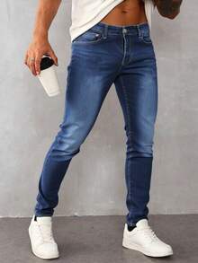 Jeans skinny para hombre en denim azul, ajustados y modernos, ideal para estilos casuales - Azul lavado oscuro - Ver 3