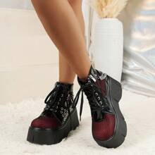 Women's Gothic Punk Style Platform Ankle Boots, Metal Chain Lace-Up Side Zipper Design, Fashionable And Bold, Suitable For Festivals, Parties, Daily Outdoor Casual Wear, All Season
