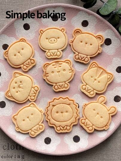 1 件卡通动物图案饼干模具，亲子糖霜饼干工具，开学季便当用品，可爱小动物图案（小猪、小老鼠、小熊、小松鼠、小兔子、小老虎、小猫、小柴犬、小狮子）饼干印章，一个饼干切刀，一个甜点模具。饼干角色。厨房糕点制作工具