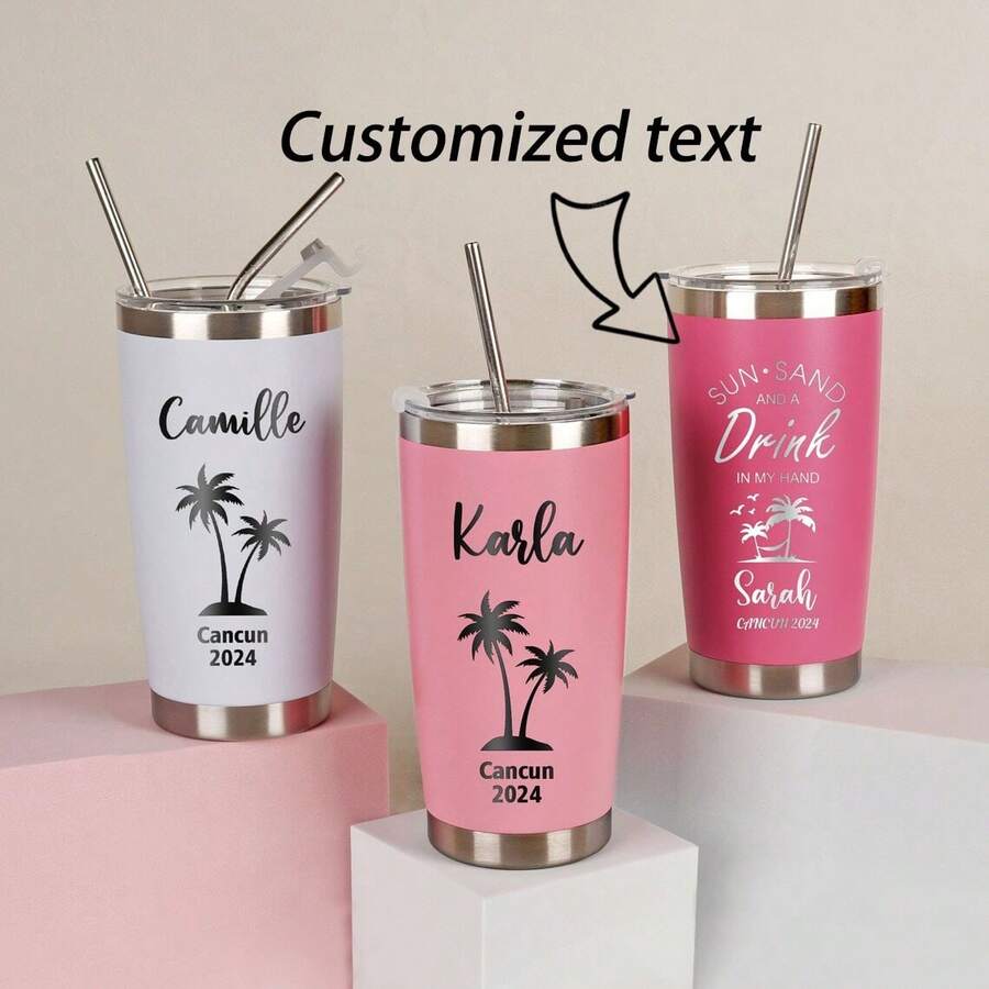 1 Piece Personalized 20 Oz Vacation Mug, Custom Travel Mug, Beach Mug, Stainless Steel Mug, Girls Travel Gift, Laser Engraved Mugs - Multicolor - View 1