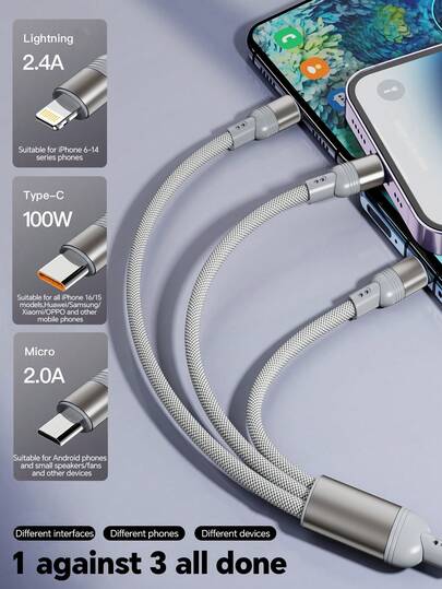 Durcord 3-In-1 100W (Max) Fast Charging Cable, USB A/Type C To Lightning, Nylon Braided, Compatible With Smartphones/Android/Type-C And Micro USB Devices, Suitable For Phones/Tablets/Power Banks Etc., Power Delivery