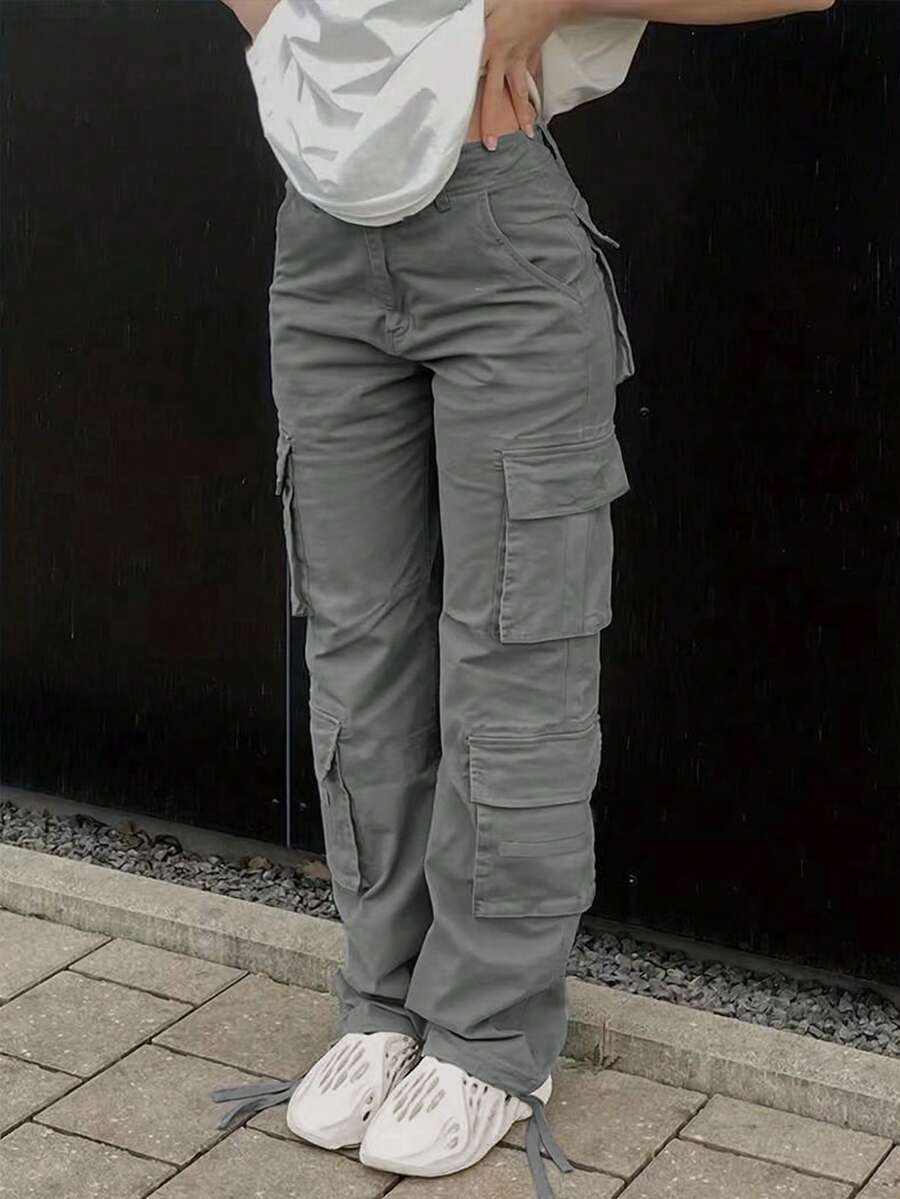 High Waisted Solid Color Side Cargo Pants For Women Baggy Y2k Straight Wide Leg Pants Casual Pants With Pockets Streetwear Sweatpants - 淺灰色 - 查看 1