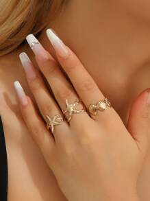 3 Stücke/Set goldplattierter Ringset mit Seestern Design, geeignet für Sommerurlaub am Strand