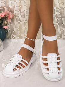 欧美风格厚底凉鞋，带钩环扣，黑色厚底系带中跟休闲运动步行凉鞋，夏季厚底软底百搭坡跟拖鞋，适合女士 - 白色 - 查看 5