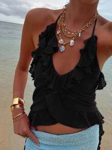 Mother's Day Independence Day Graduation Season Birthday Gift New Women's Strap Top, Strap Up Sleeveless Top, Backless Ruffle Solid Color Summer Tank Top, Suitable For Club Parties - 黑色 - 查看 4
