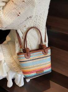 Nuova borsa a tracolla bohémien alla moda, intrecciata e colorata, decorata con etichette con lettere e tracolle indipendenti, adatta per uso quotidiano, vacanze al mare, viaggi e utilizzabile come borsa a spalla casual o a tracolla diagonale da donna