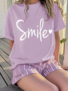 Koszulka z krótkim rękawem i okrągłym dekoltem dla dziewcząt Tween z nadrukiem w kształcie litery Smile Letter, odpowiednia na wiosnę i lato, miękka i wygodna