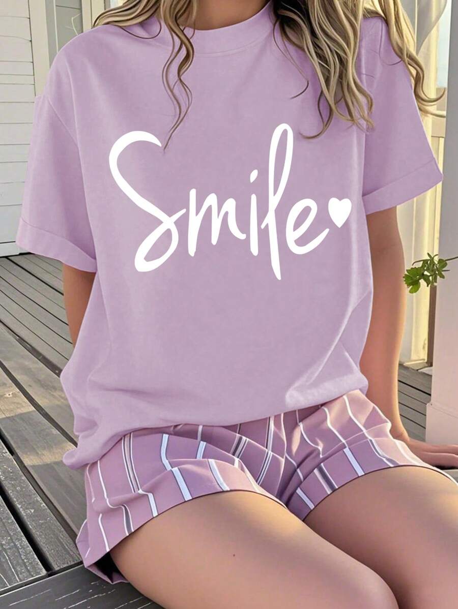 Koszulka z krótkim rękawem i okrągłym dekoltem dla dziewcząt Tween z nadrukiem w kształcie litery Smile Letter, odpowiednia na wiosnę i lato, miękka i wygodna