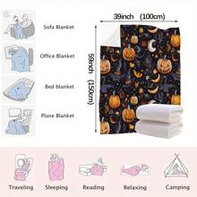1 Piece-​Best - Selling Halloween Polyester Blanket, Witchy Pumpkin & Moon Pattern With Stars & Webs, Cozy Soft Throw For Couch/Bed, Spooky Seasonal Decor Must - Have