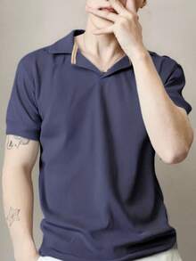 Men's Summer Solid Color Knitted Shirt - Navy Blue - View 1
