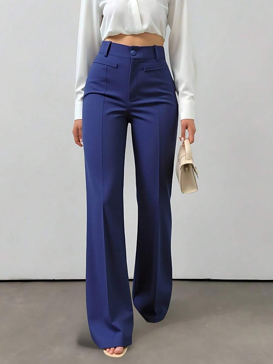 LIU ME Women's Tailored Trousers With Fake Pocket – High Waist And Wide Leg Pants - Navy Blue - View 1