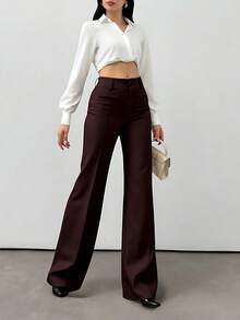 LIU ME Women's Tailored Trousers With Fake Pocket – High Waist And Wide Leg Pants - Rỉ Nâu - Xem 4