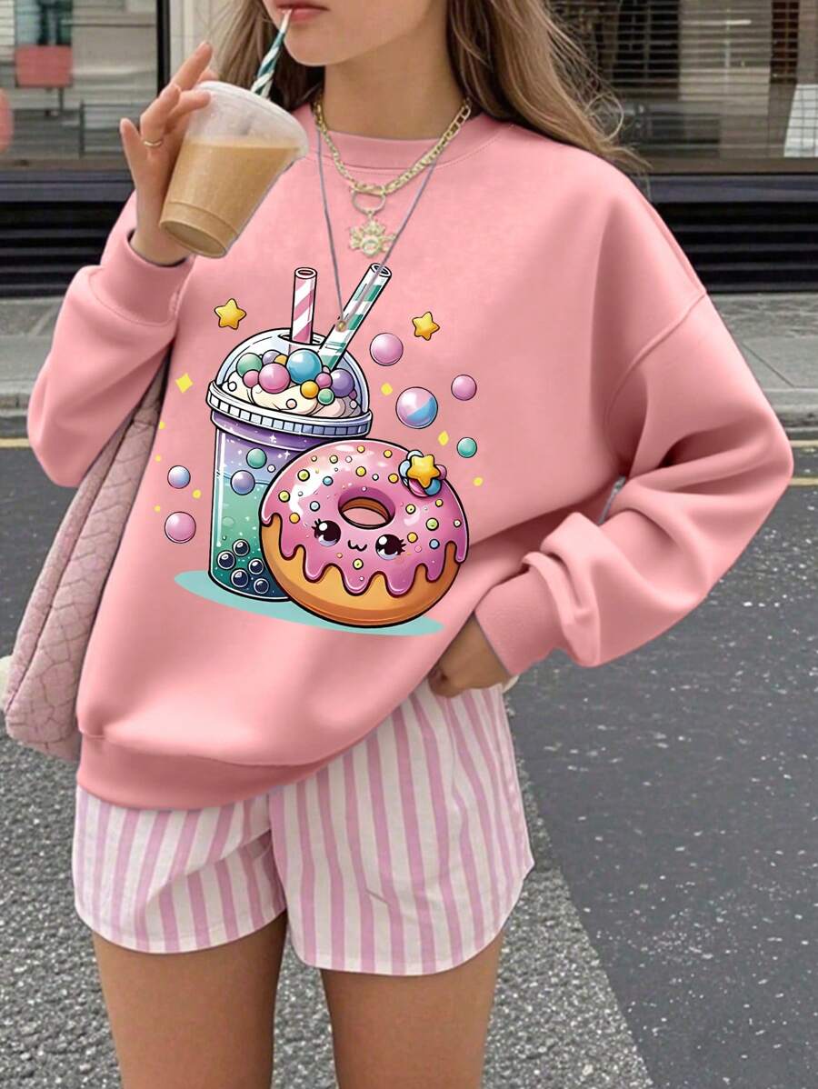 1 Pc Girls' Cute Style Donut & Bubble Tea Print Long-Sleeve Sweatshirt, Soft Fabric, Perfect For Daily Casual Spring & Autumn - Pink - View 1
