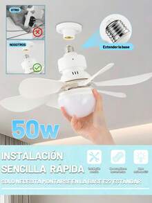 Luz de 50W ventilador de techo LED en forma de flor, lámpara de techo con ventilador, base E26 / E27, con control remoto, 3000K-6500K / brillo regulable, tres velocidades de viento, viene con varilla de extensión, - Blanco - Ver 5