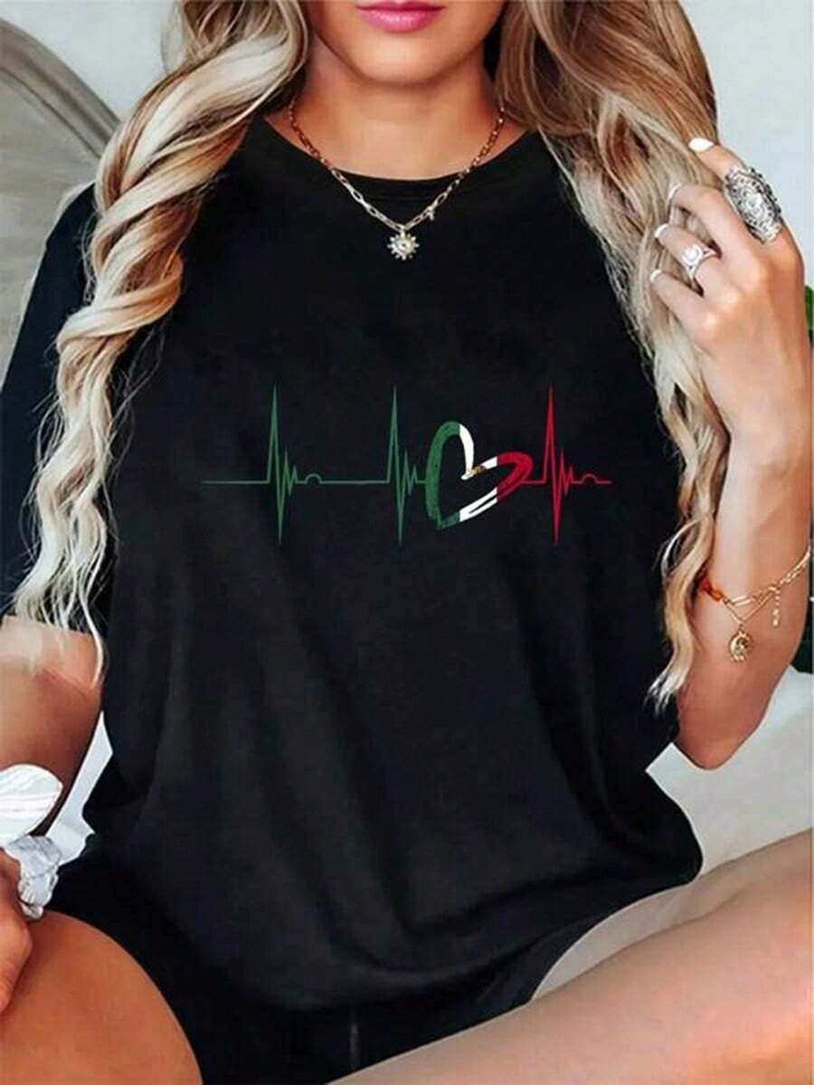 100% Cotton Mexico Heart Mexico Flag Heartbeat EKG Pulse Mexican Roots T-Shirt Graphic Tees Cute Summer Women Tops Puppy Kepp Black - 黑色 - 查看 1