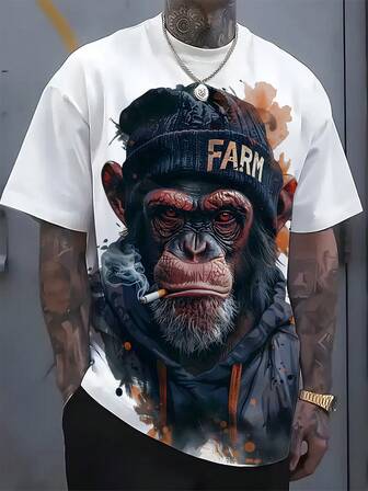 3D Digital Printed Smoking Gorilla Pattern Men's T-Shirt, Casual Comfortable Round Neck Short Sleeve Pullover Top, Suitable For Summer Outdoor Activities