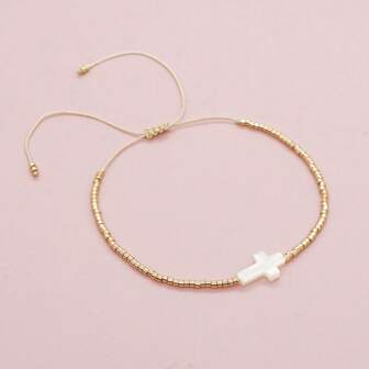 1 件波西米亚度假风格高品质金串珠十字架友谊手链，时尚女士珠宝复活节礼物，最佳朋友礼物