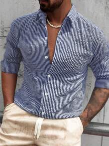 Men's Casual Striped Textured Fabric Shirt, Soft, Comfortable, Suitable For Both Casual And Office Wear, Simple And Elegant Style