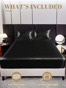 2/3pcs Fitted Sheet Set, Bedding Set, Satin Bed Sheets Set, Solid Color Skin-Friendly Bed Cover Set, Room Decor, Soft And Comfortable Bedding For Bedroom,  Deep Pocket, For Single/Twin/Full/King/Queen Bed Sizes, Machine Washable, Meticulous Gift - Black - View 2