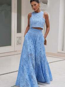 Women's 2 Piece Skirt Outfits Sleeveless O Neck Eyelet Tank Tops Long Flowy Skirt Set Party Beachwear - 藍色 - 查看 3